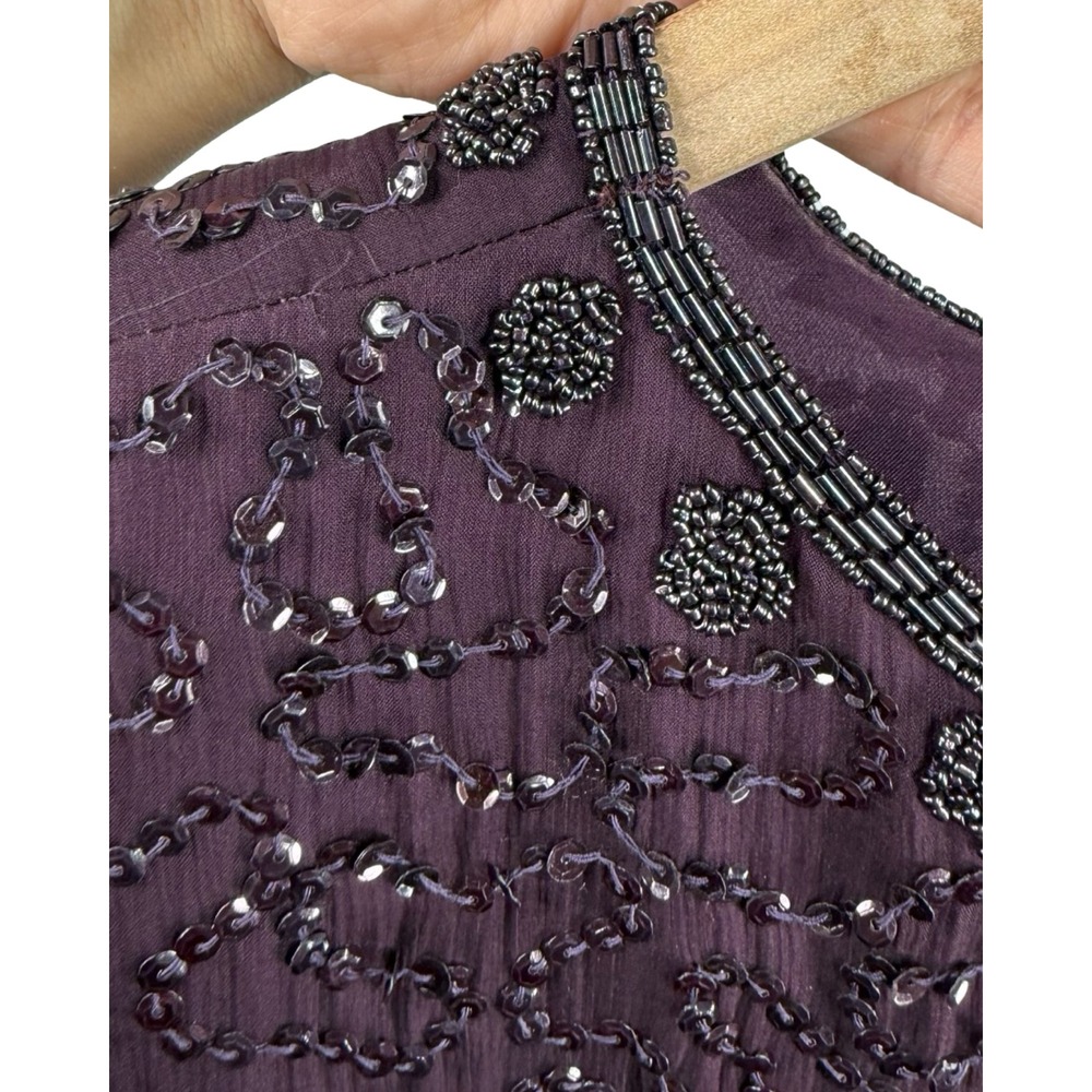 Brilliante by J.A. Beaded Silk Dress Plum Scalloped Hem Size L Vintage Style - Picture 8 of 10
